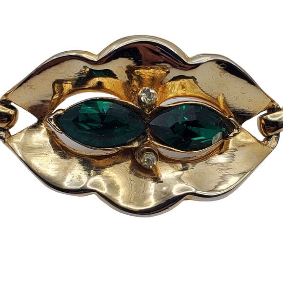 Coro Green Rhinestone Bracelet Gold Vermeil Vintage 40s Oval Link 7" L Corocraft - Picture 11 of 12
